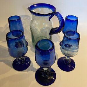 Vintage 1990’s Hand Blown Cobalt Blue Pitcher & Glasses